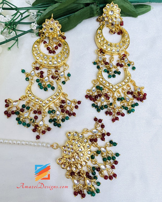 Green Emerald Maroon Ruby Kundan Earrings Tikka Set