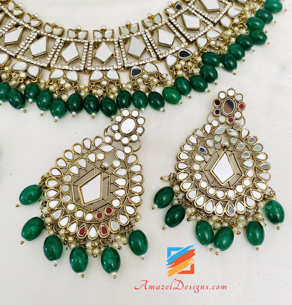 Green Emerald Sheesha Necklace Earrings Tikka Set