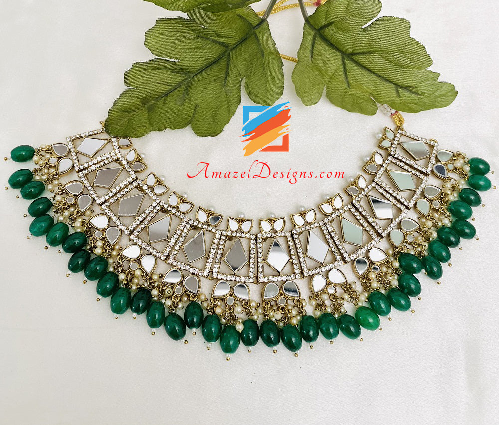 Green Emerald Sheesha Necklace Earrings Tikka Set