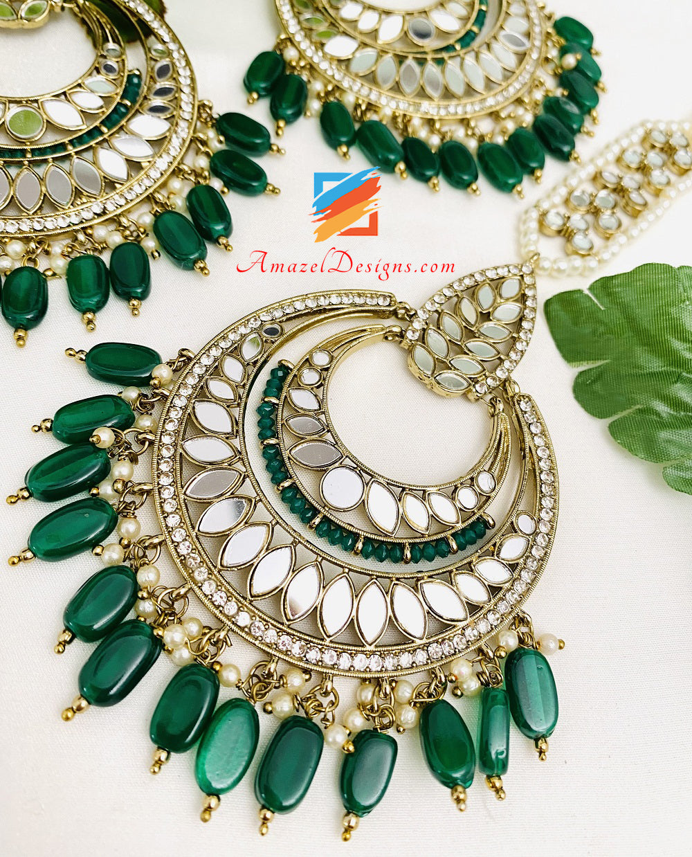 Green Emerald Mirror Oversized Earrings Tikka Set