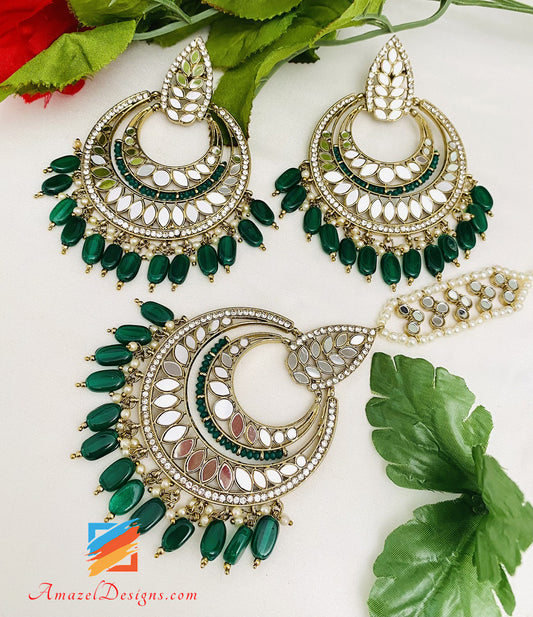 Green Emerald Mirror Oversized Earrings Tikka Set