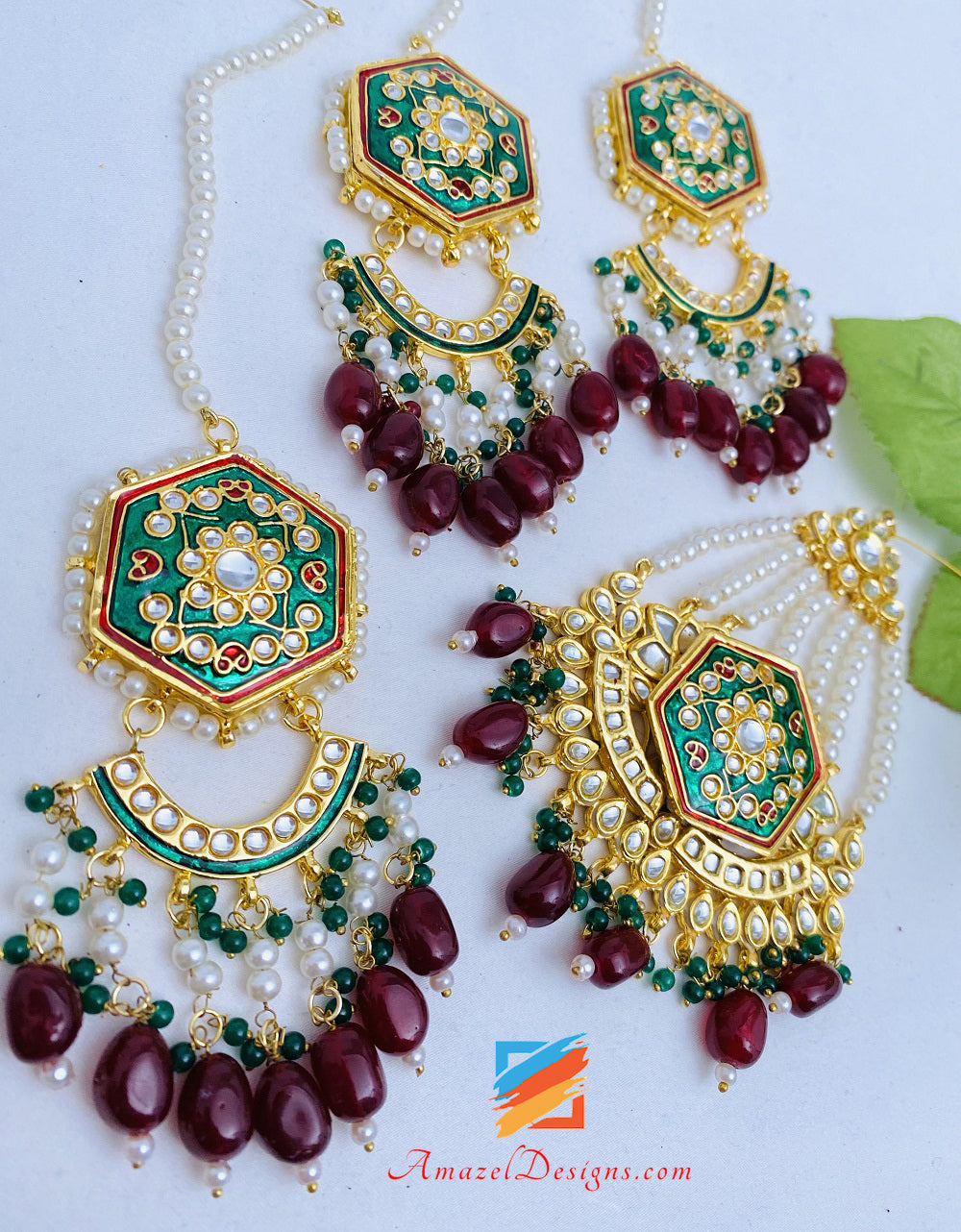 Green Emerald Painted Kundan Earrings Tikka Passa Set