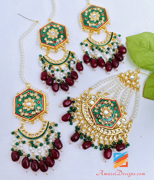 Green Emerald Painted Kundan Earrings Tikka Passa Set