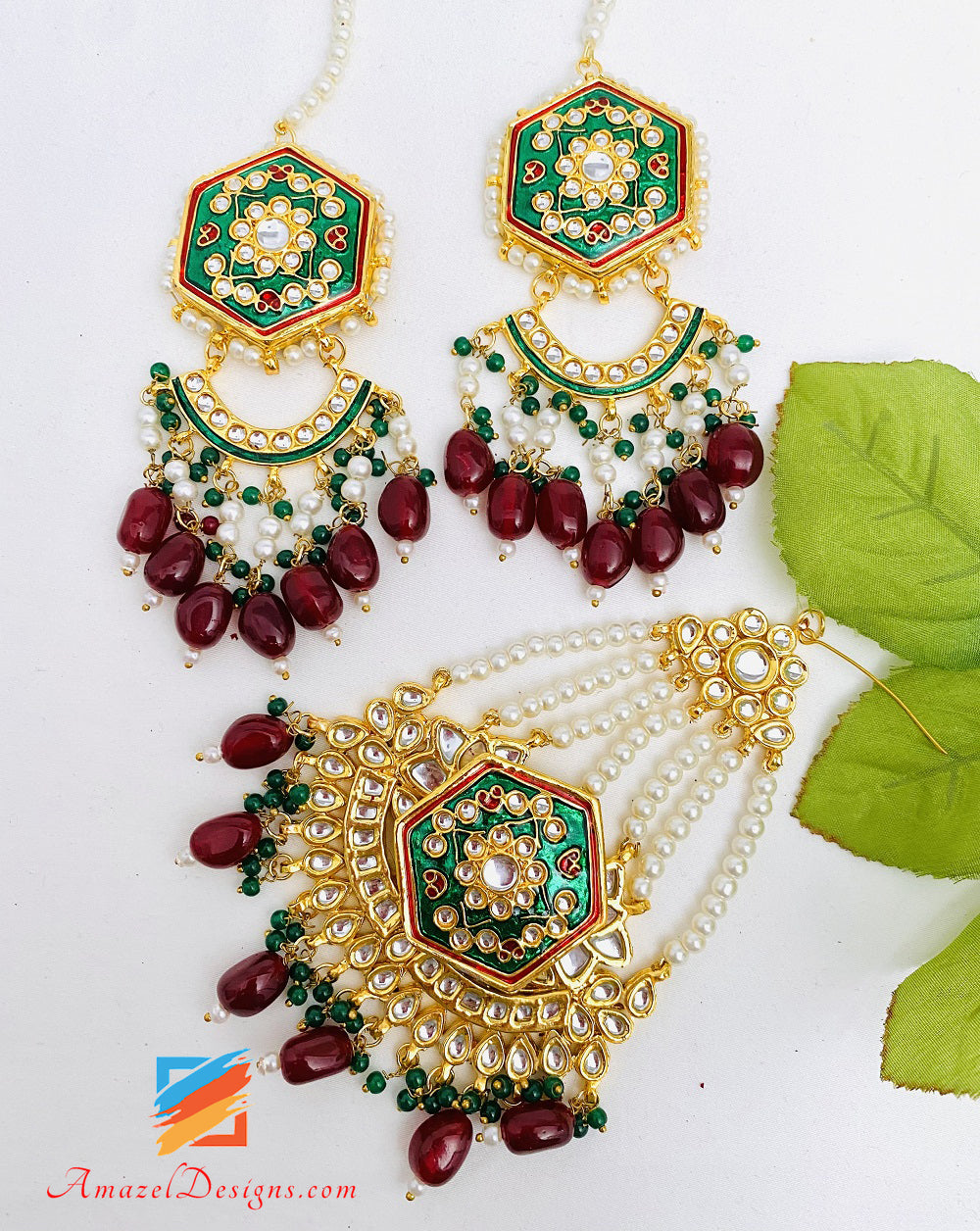 Green Emerald Painted Kundan Earrings Tikka Passa Set