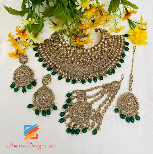 Green Emerald Polki Flexible Necklace Earrings Tikka Jhumer Set