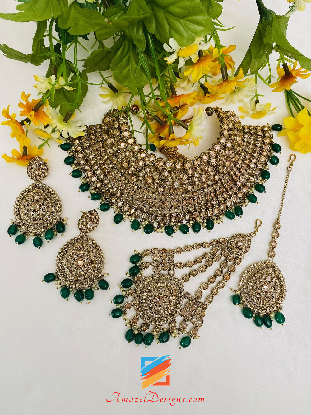 Set di orecchini collana flessibile verde smeraldo Polki Tikka Jhumer 