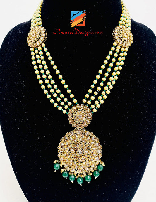 Green Emerald Polki Long Mala Rani Haar Earrings Tikka Set