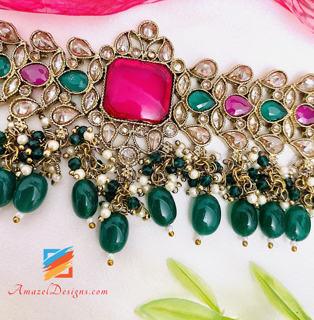 Green Emerald Polki Monalisa Chocker Necklace Studs Earrings Tikka Set