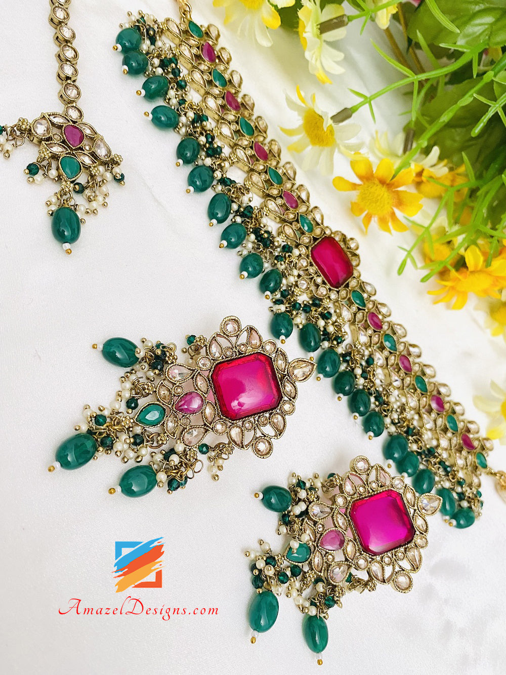Green Emerald Polki Monalisa Chocker Necklace Studs Earrings Tikka Set