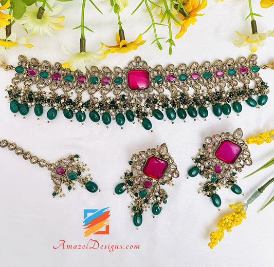 Green Emerald Polki Monalisa Chocker Necklace Studs Earrings Tikka Set