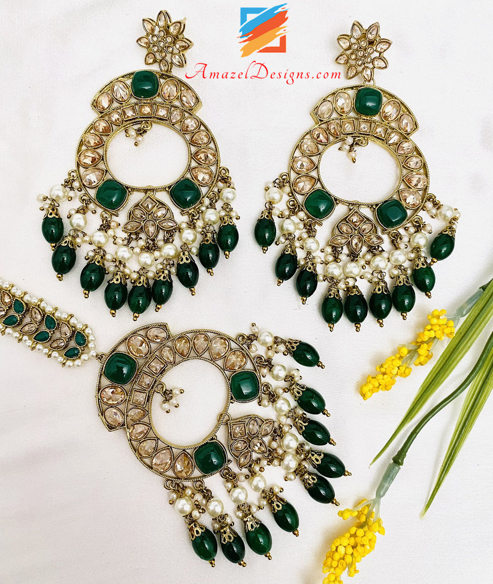 Green Emerald Polki Monalisa Necklace Earrings Tikka Set