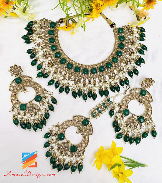 Green Emerald Polki Monalisa Necklace Earrings Tikka Set