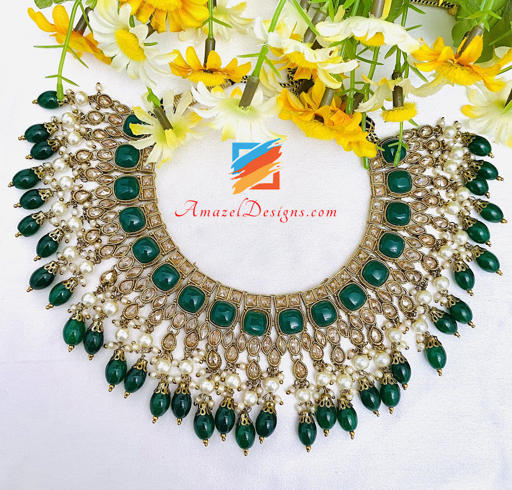Green Emerald Polki Monalisa Necklace Earrings Tikka Set