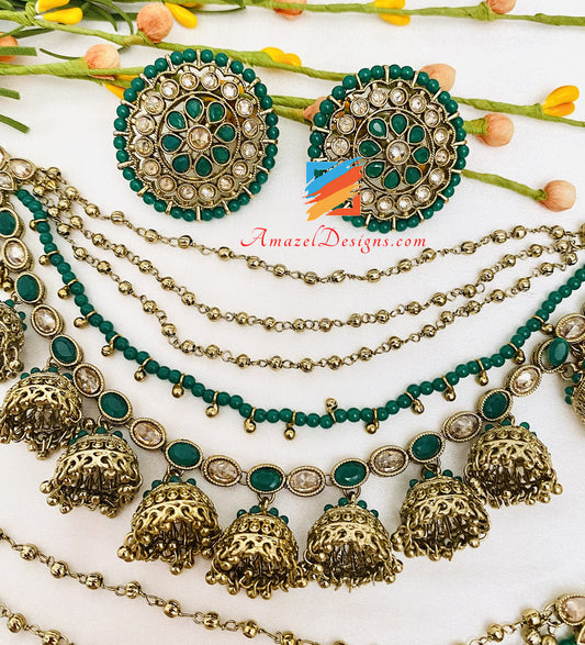 Green Emerald Polki Studs With Layer Of Jhumkis Detachable Sharas Tikka Set