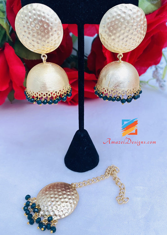 Green Golden Extremely Lightweight Jhumki Tikka Set