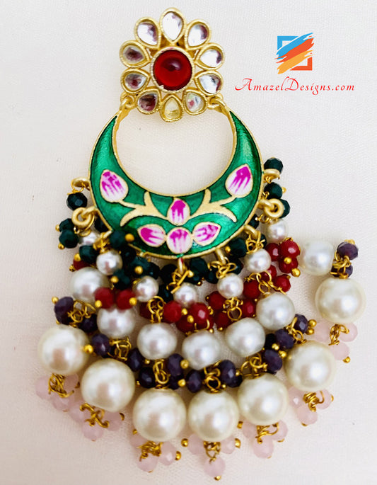 Green Hand Painted Meenakari Earrings Tikka Set