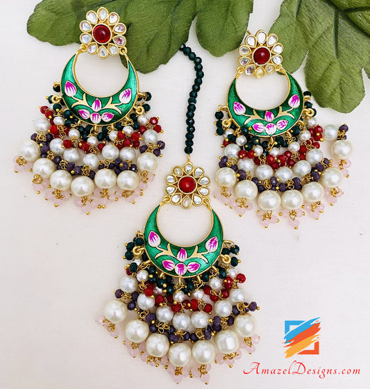 Green Hand Painted Meenakari Earrings Tikka Set