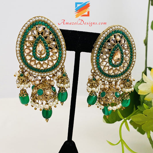 Green High Quality Polki Choker Necklace Earrings Tikka Set