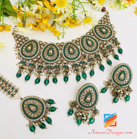 Green High Quality Polki Choker Necklace Earrings Tikka Set