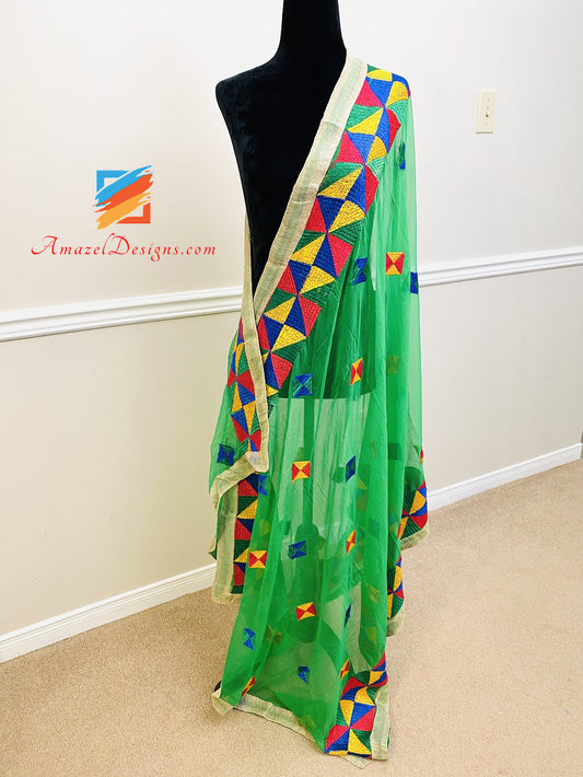 Green Lightweight Multicoloured Thread Fulkari