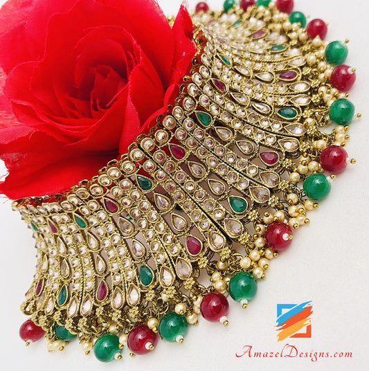 Green Maroon Ruby Choker Earrings Tikka Set