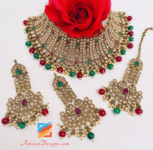 Green Maroon Ruby Choker Earrings Tikka Set