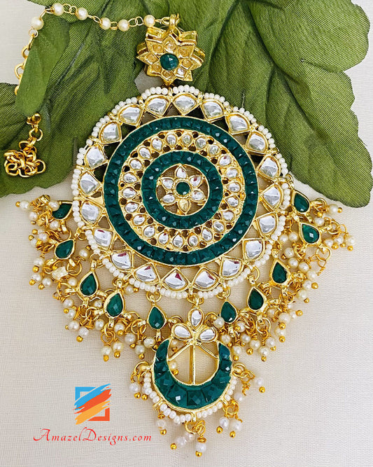 Green Oversized Kundan Earrings Tikka Set