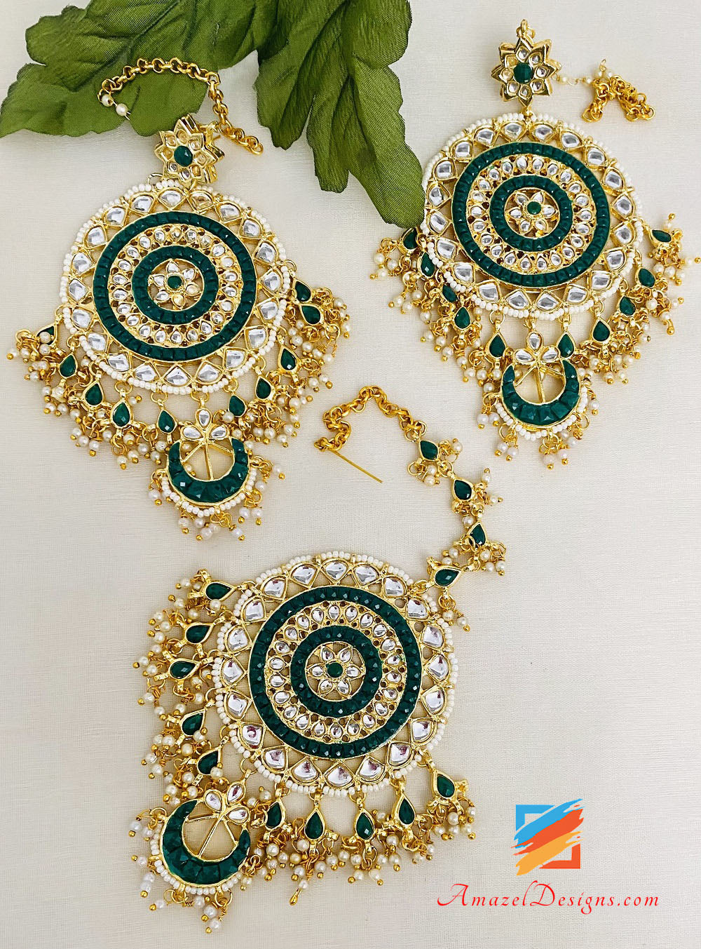 Green Oversized Kundan Earrings Tikka Set