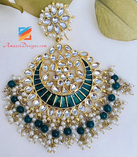 Green Painted Kundan Oversized Earrings Tikka Set