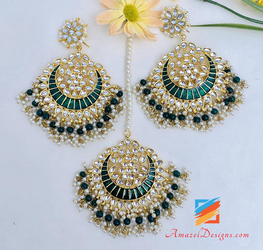 Green Painted Kundan Oversized Earrings Tikka Set