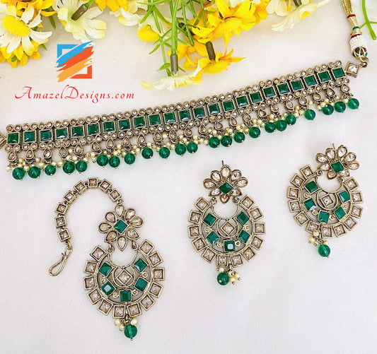 Green Polki Choker Earrings Tikka Set