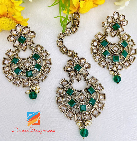 Green Polki Choker Earrings Tikka Set