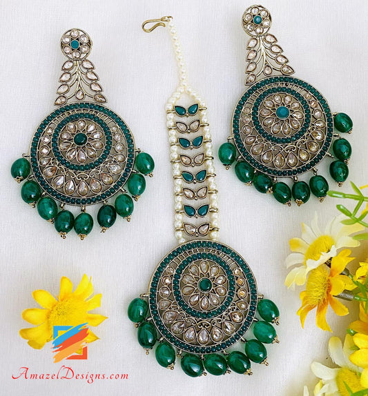 Green Polki Earrings Tikka Set