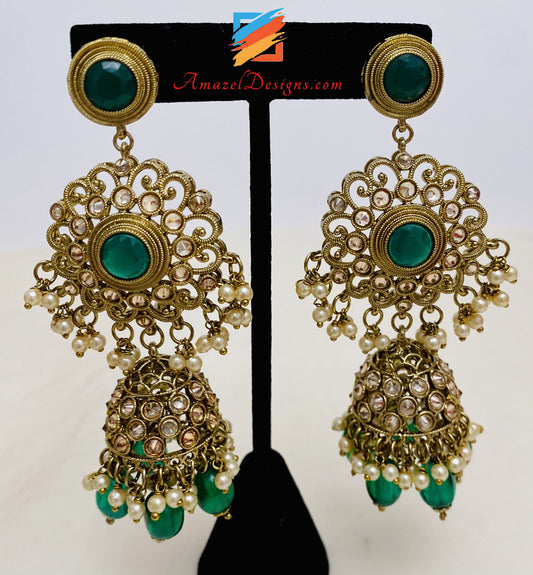 Green Polki Kundan Necklace Long Earrings Tikka Set