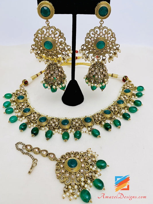 Collana Polki Kundan Verde Orecchini Lunghi Set Tikka