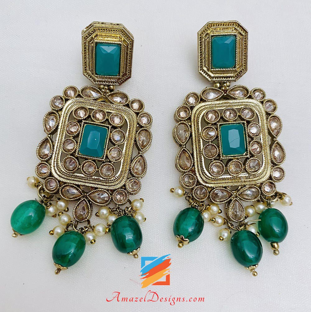 Green Polki Necklace Earrings Tikka Set