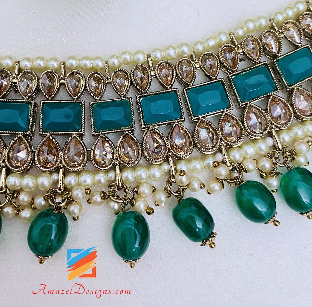 Green Polki Necklace Earrings Tikka Set