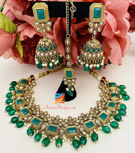 Green Polki Necklace Jhumki Earrings Tikka Set