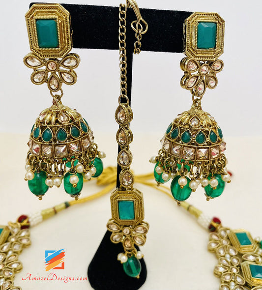 Collana Polki Verde Orecchini Jhumki Set Tikka 