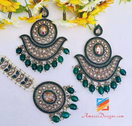 Green Polki Oversized Earrings And Tikka Set