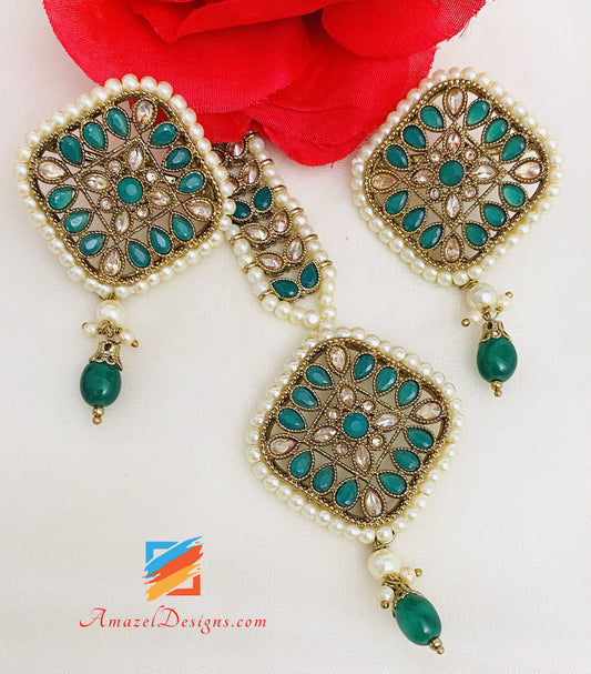 Green Polki Studs And Tikka Set