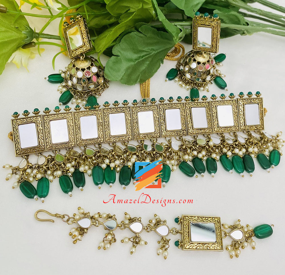 Green Sheesha Choker Jhumki Earrings Tikka Set
