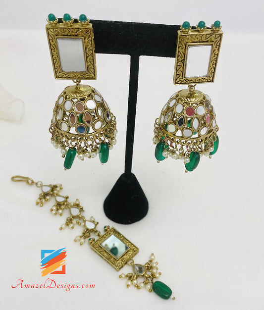 Green Sheesha Choker Jhumki Earrings Tikka Set