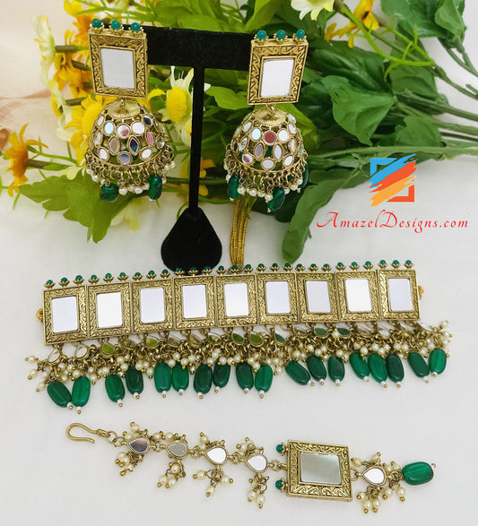 Green Sheesha Choker Jhumki Earrings Tikka Set