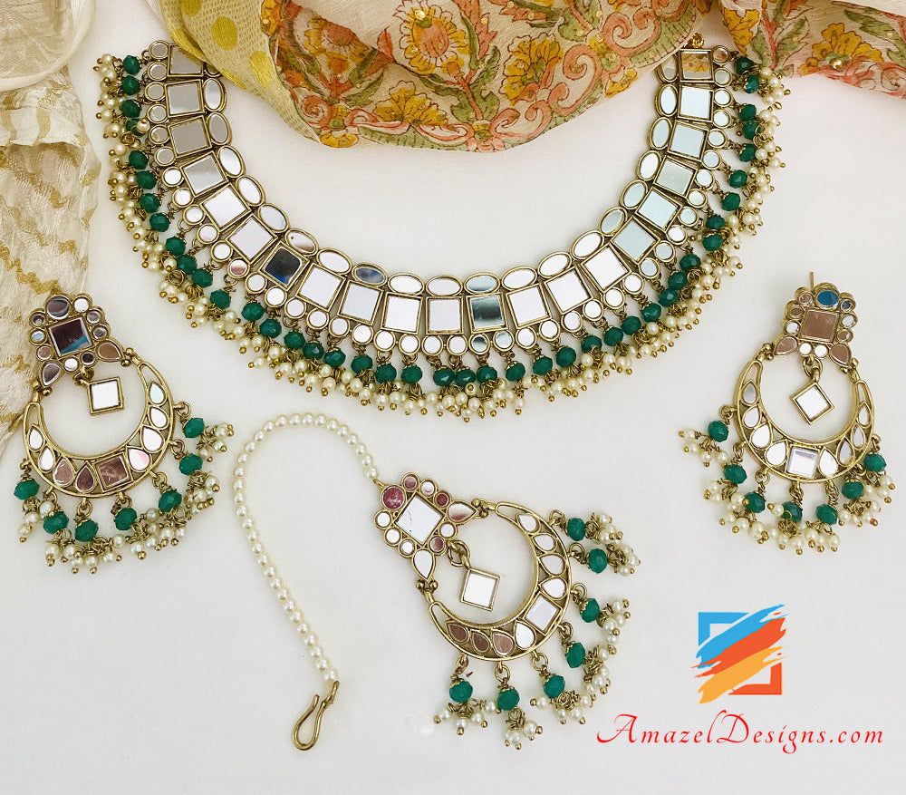 Green Sheesha Necklace Earrings Tikka Set