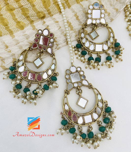 Green Sheesha Necklace Earrings Tikka Set