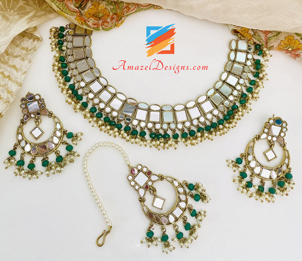 Green Sheesha Necklace Earrings Tikka Set