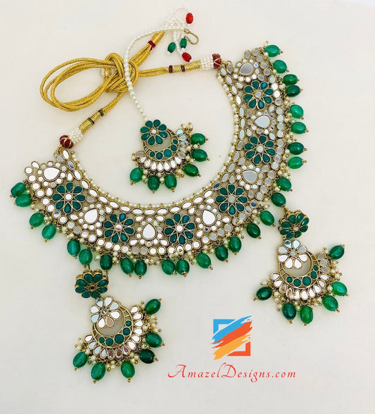 Green Sheesha Necklace Earrings Tikka Set