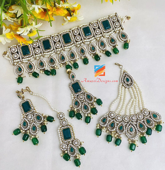 Green Stone Choker Earrings Tikka Jhoomer Set