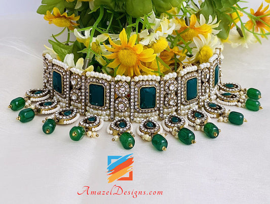 Green Stone Choker Earrings Tikka Jhoomer Set